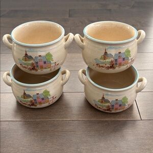 Vintage Cottagecore Soup Bowls, Crock Dish Ceramic Painted Antique Art